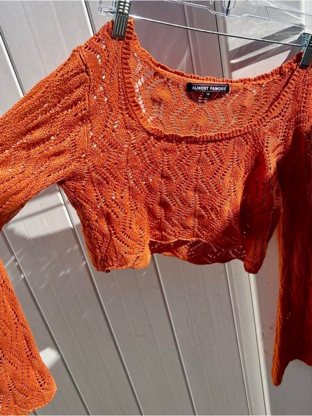 Almost Famous Burnt Orange Open-Knit Cropped Sweater